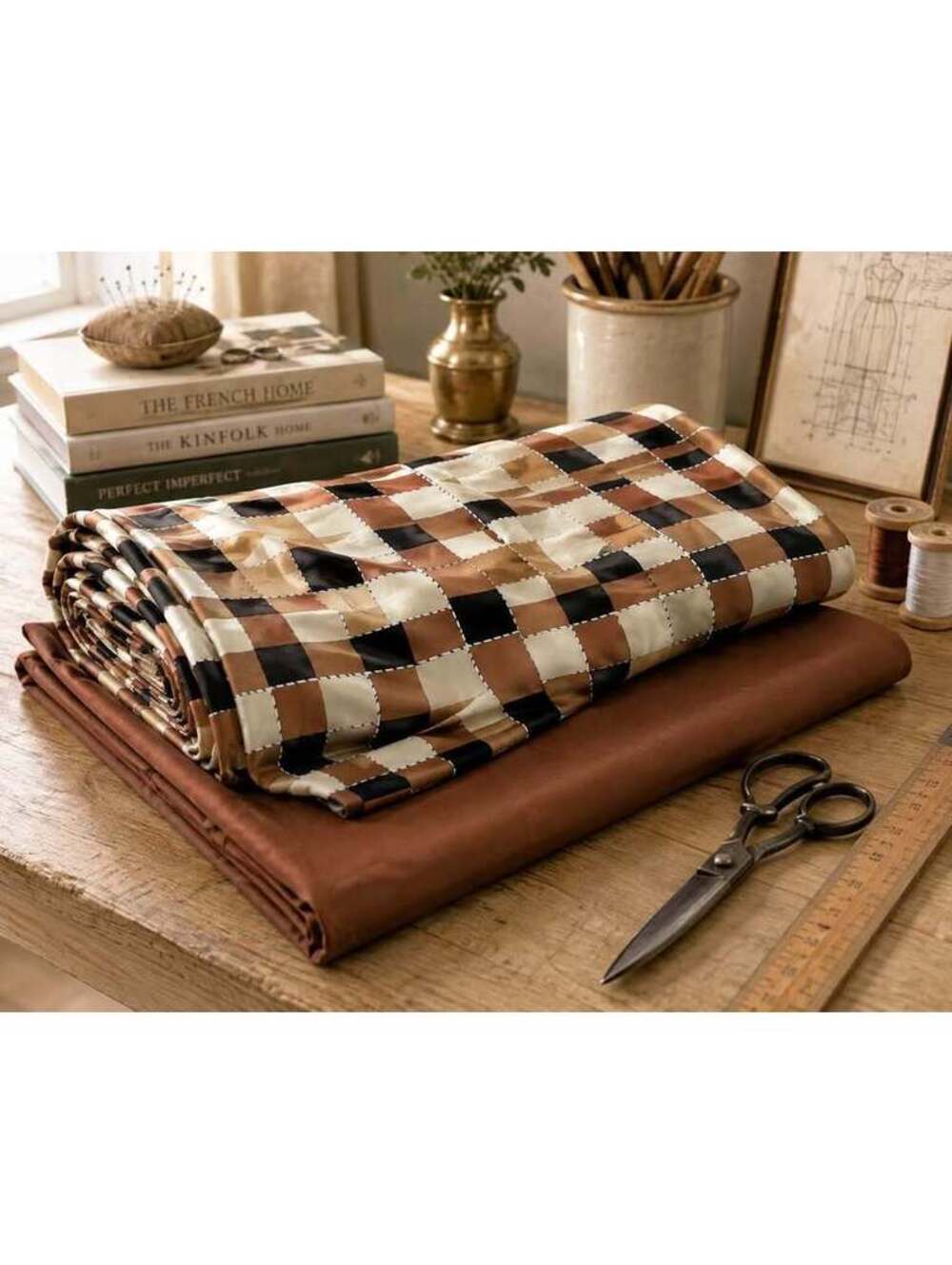 Vintage Geometric Check & Solid Brown Fabric Lot Retro Sewing Dressmaking Fabric